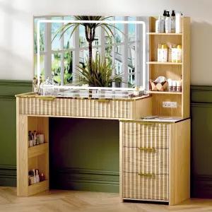 전원 콘센트가 있는 GRUTEUNIT 51인치 베니티 데스크 거울과 조명이 메이크업 3가지 모드 유리 상판이