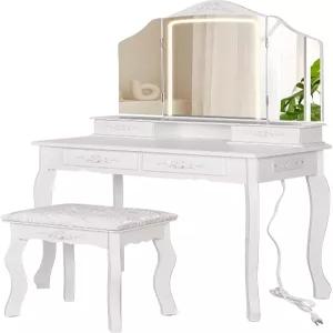 삼중 접이식 LED 거울이 있는 HVC 메이크업 베니티 데스크 서랍 4개 및 선반 개방형 내장 충전 스테이션 2
