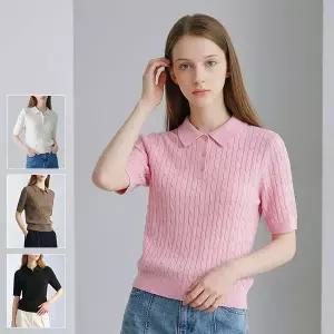 [로코엘라]멜번 코튼 케이블 여성 카라 반팔 니트_P421372107