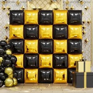 메탈릭 골드와 블랙 양면 사각 호일 풍선 벽 19인치 크롬 터널 아치 키트 기념일 2026년 졸업식 생일 파티