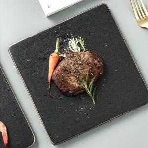 스테이크 도자기 스톤접시 접시 블랙 그릇 업소용 고급 사각 금테 양식집 디저트