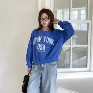 [하프클럽/옷자락]여자 뉴욕 프린팅 오버핏 크롭 피그먼트 맨투맨