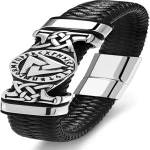 남성용 호야즈벳 바이킹 가죽 땋은 팔찌 스테인리스 스틸 부적 북유럽 신화 발넛/동기 부여 영감 성경 구절