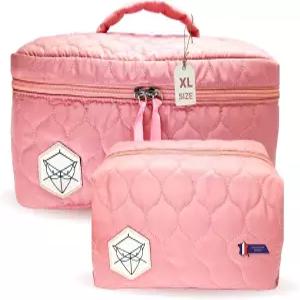 핑크 프로텍트 XL 퀼팅 메이크업 백 2종 세트 여성용 엑스트라 라지 화장실 가방 방수 및 경량 면 여러