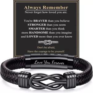 남성용 랜키프 가죽 팔찌 선물 브라운 땋은 인피니티 매듭 조절 가능한 아들 아빠 남편 형제 남자친구 생일