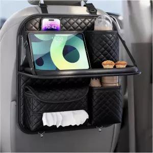 접이식 테이블 트레이가 있는 프라임스트 가죽 자동차 뒷좌석 정리함 태블릿 홀더가 걸이식 보관 가방