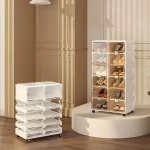 옷장용 바퀴가 달린 접이식 신발 보관 정리함 현관용 스태킹 가능 마그네틱 클리어 도어가 있는 랙 2열