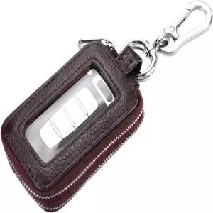 LKAHG 자동차 키포브 케이스 랜야드 및 지퍼 잠금 기능이 있는 정품 가죽 차량 스마트 홀더 원격 키체인