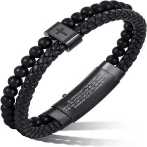 남성용 크리스천 크로스 블랙 가죽 팔찌 이중 줄 땋은 성경 구절 아가테 오닉스 비즈 뱅글 조절 가능한