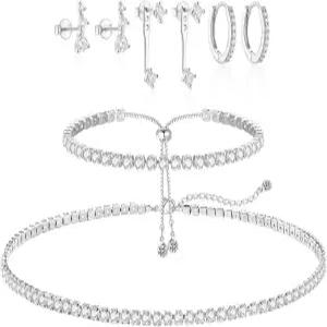여성용 테니스 목걸이 팔찌 실버 귀걸이 파티 무도회 결혼식 주얼리 세트 신부 들러리 큐빅 지르코니아