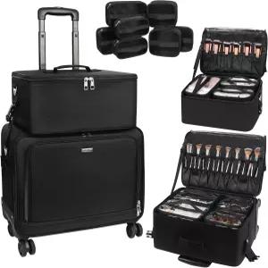 롤링 메이크업 백 아티스트 전문 케이스 온 휠 화장품 정리 가방 캐리어 2 in 1 360 회전 조절 가능한