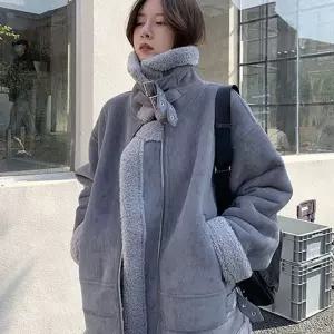 여자 라이더자켓 뽀글이 퍼 회색 하이넥 가죽 에코 그레이 스웨이드 레더