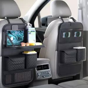 접이식 테이블 트레이가 있는 프라임스트 가죽 자동차 뒷좌석 정리함 터치스크린 휴대폰 홀더가 걸이식