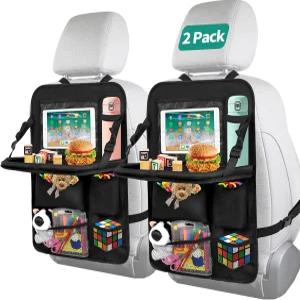 터치스크린 태블릿 홀더가 있는 2팩 백시트 카 오거나이저 트레이가 업그레이드된 카시트 접이식 푸드