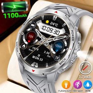 새로운 야외 군용 스마트 시계 남성용 1100Ah 배터리 블루투스 통화 LED 손전등 심박수 수면 모니터 방수 스마트워치