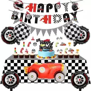 경주용 자동차 생일 파티 장식 - 소년용 핫 레이스카 몬스터 트럭 테마 배너 바퀴 풍선 체크무늬 깃발