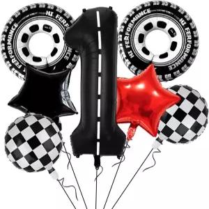 경주용 자동차 파티 장식 마일라 휠 타이어 풍선 1세 소년 생일 레이싱 테마 대형 40인치 블랙 넘버 1 7개