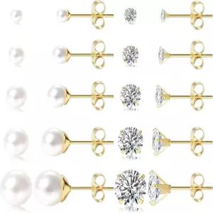여성용 14K 금도금 스터드 귀걸이 10쌍 진주 볼 큐빅 지르코니아 저자극성 주얼리 세트 피어싱 선물