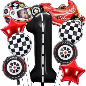 피오키오 9 PCS 경주용 자동차 풍선 블랙 넘버원 체크무늬 1탄 테마 파티 장식