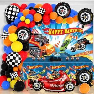 134Pcs 바퀴 경주용 자동차 생일 파티 용품 풍선 갈랜드 아치 키트 배경 식탁보 몬스터 트럭 체크 호일