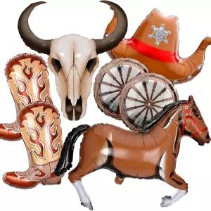서부 카우보이 풍선 세트 - 로데오 테마 생일을 위한 롱혼 카우 스티어 말 모자 부츠 및 왜건 휠 포함된