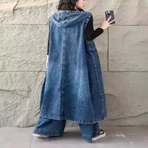 데님 여사친 롱 캐주얼 빈티지 싱글 민소매 후드 조끼 원픽1