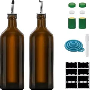 2Pcs 33온스 올리브 오일 디스펜서 병 1000ml 유리 및 식초 세트푸어 깔때기 포함 주방용 대용량 병브라운