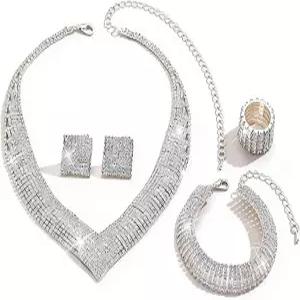 여성용 한플루엔브 실버 웨딩 주얼리 세트 신부용 우아한 라인스톤 목걸이 귀걸이 팔찌 공식 프롬 하객
