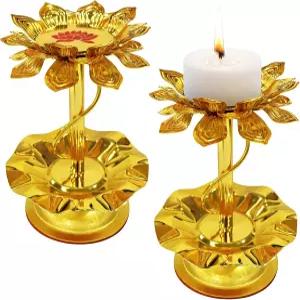 2개의 연꽃 캔들 홀더 금속 금 디왈리 집 부처님의 램프 오일 양초 인도 스탠드 장식용 기
