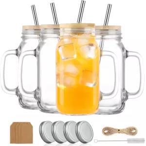 로산지 24온스 메이슨 병 컵 손잡이 대나무 뚜껑과 빨대가 달린 와이드 마우스 스 커피 스무디 콜드 워터