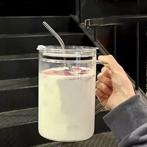 손잡이가 달린 유리 물컵 - 32온스 뚜껑이 투명 머그컵과 빨대가 커피 우유 주스용 두꺼운 사무실 및