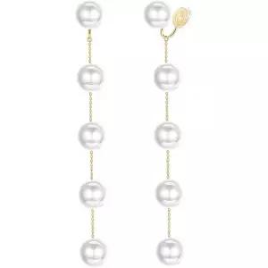 14K 골드 도금 925 스털링 실버 클립 여성 결혼식 신부 귀걸이용 진주 드롭 롱 체인