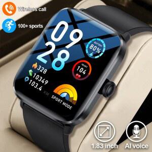 LIGE 새로운 스마트워치 남성용 AI 음성 블루투스 통화 1.83인치 HD 디스플레이 심박수 혈중 산소 건강 모니터링 스포츠 여성용