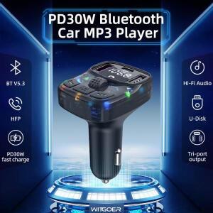블루투스 5.3 MP3 플레이어 자동차 차량용 호환 오디오 고속 충전기 FM 송신기 듀얼 USB 3.1A PD 30W 스마
