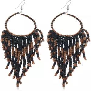 보호 롱 프린지 드롭 댕글 여성용 귀걸이 하드메이드 볼 비즈 후프 태슬 체인 직조 훅 샹들리에 부족 과장