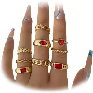 여성 골드 러브 스테이트먼트 핑거 링 팩 클래식 버건디 크리스탈 스태킹 세트 참 하트 주얼리 액세서리