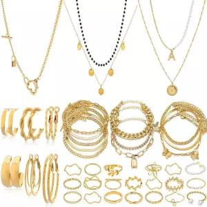 하하걸 스타킹 스터퍼 골드 플레이트 및 실버 도금 주얼리 세트 여성 코스튬 체인 목걸이 팔찌 귀걸이 반지