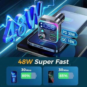 블루투스 5.3 FM 트랜스미터 4포트 USB 차량용 호환 충전기 C타입 48W PDQC 3.0 고속 어댑터 더  듀얼 마이