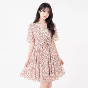 TLB 여성 로맨틱 플라워 브이넥 쉬폰 반팔 원피스