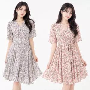 2ea 여성 로맨틱 플라워 브이넥 쉬폰 반팔 원피스