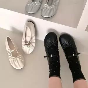 [옷자락]여자 봄 피크닉룩 리본 셔링 메리제인 가죽 플랫슈즈_P421515452