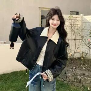 여성용 하프 블랙 가죽 체크 코트 봄코트 재킷 원픽1