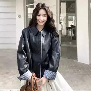 여성용 블랙 봄 머랭 체크 코트 봄코트 가죽 원픽1