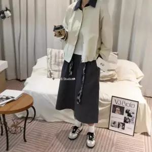 여자 봄 캐주얼 투피스 페이크 체크 코트 봄코트 상의 긴팔 설 패브릭 원픽1