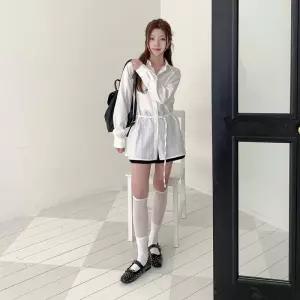 [옷자락] 여자 폴리 세로 스트라이프 오버핏 롱 카라 셔츠