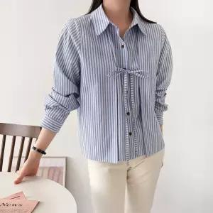 [옷자락] 여자 스트라이프 핀턱 카라넥 리본 봄남방 면 셔츠