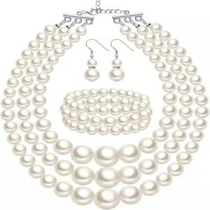 헤이샌디 20대 여성용 진주 주얼리 세트 빈티지 의상 레이어드 목걸이 팔찌 귀걸이 더비 웨딩 프롬 파티