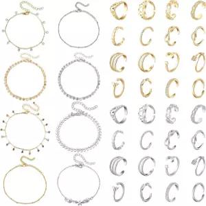 키겔리 40개 여성용 발찌 및 발가락 반지 세트 실버 골드 풋 주얼리 체인 레이어드 발목 팔찌 오픈 조절