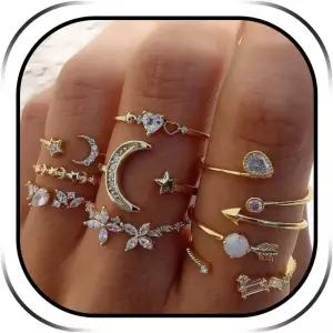 여성용 HUASAI 골드 링 스태킹 가능한 조절 러브 문 스타 세트 변색 방지 청키 핑키 패션 주얼리 액세서리