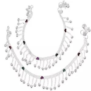 여성용 보석 전통 인도 발찌 페이얼 세트 부드러운 벨 진주 에나멜 구슬 매력이 있는 실버 톤 체인 디자인